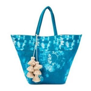 No Boundaries Ikat Lined Tote Bag With Tassel Large Blue White Tie Dye Print New